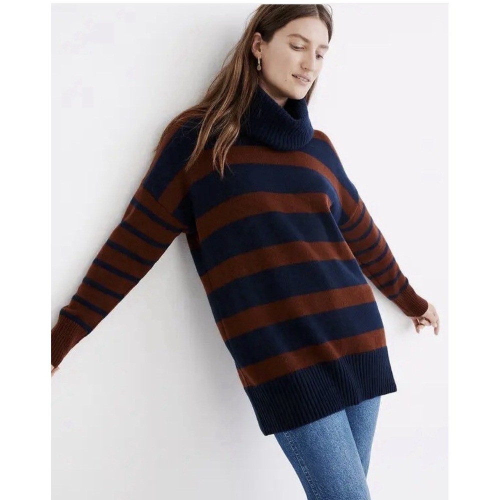 Madewell Engelhart Turtleneck Wool Cotton Sweater Brown Navy Sz L Granolagirl